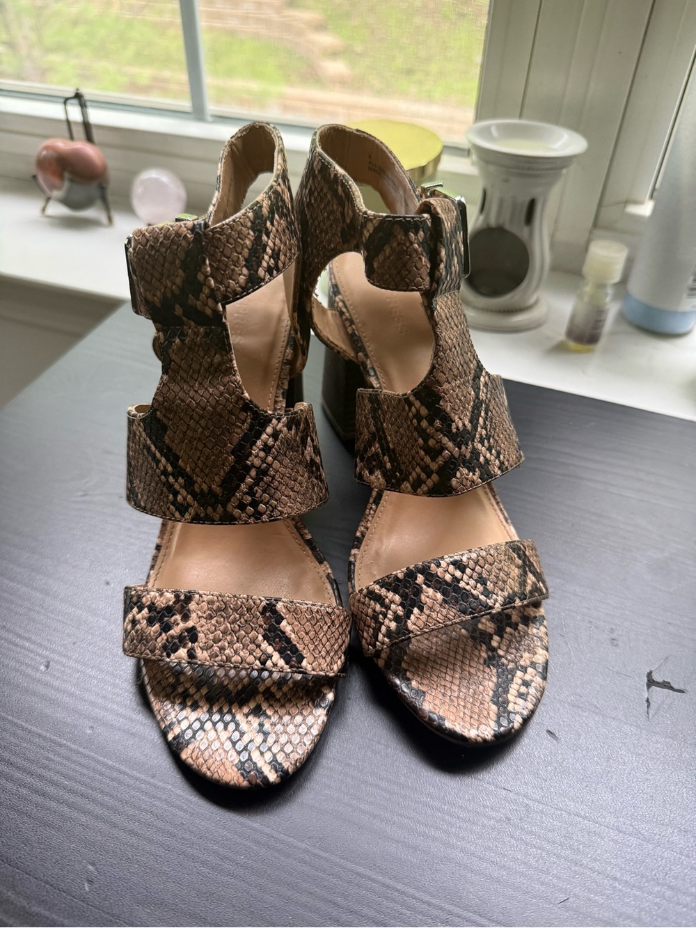 Express Snakeprint Strappy Block Heels in Brown and Black